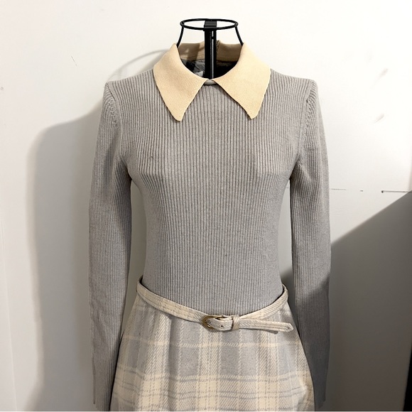 Vintage Collared Sweater Dress with Belted Wool Skirt - Picture 2 of 4